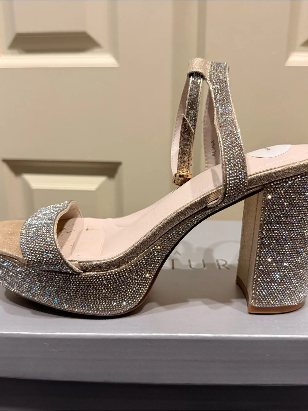 Galina Signature Champagne Rhinestone Platform Block Heels